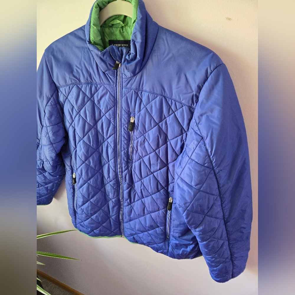 Lands' End  Blue Quilted PrimaLoft Jacket with Green Lining Med. - Picture 2 of 8